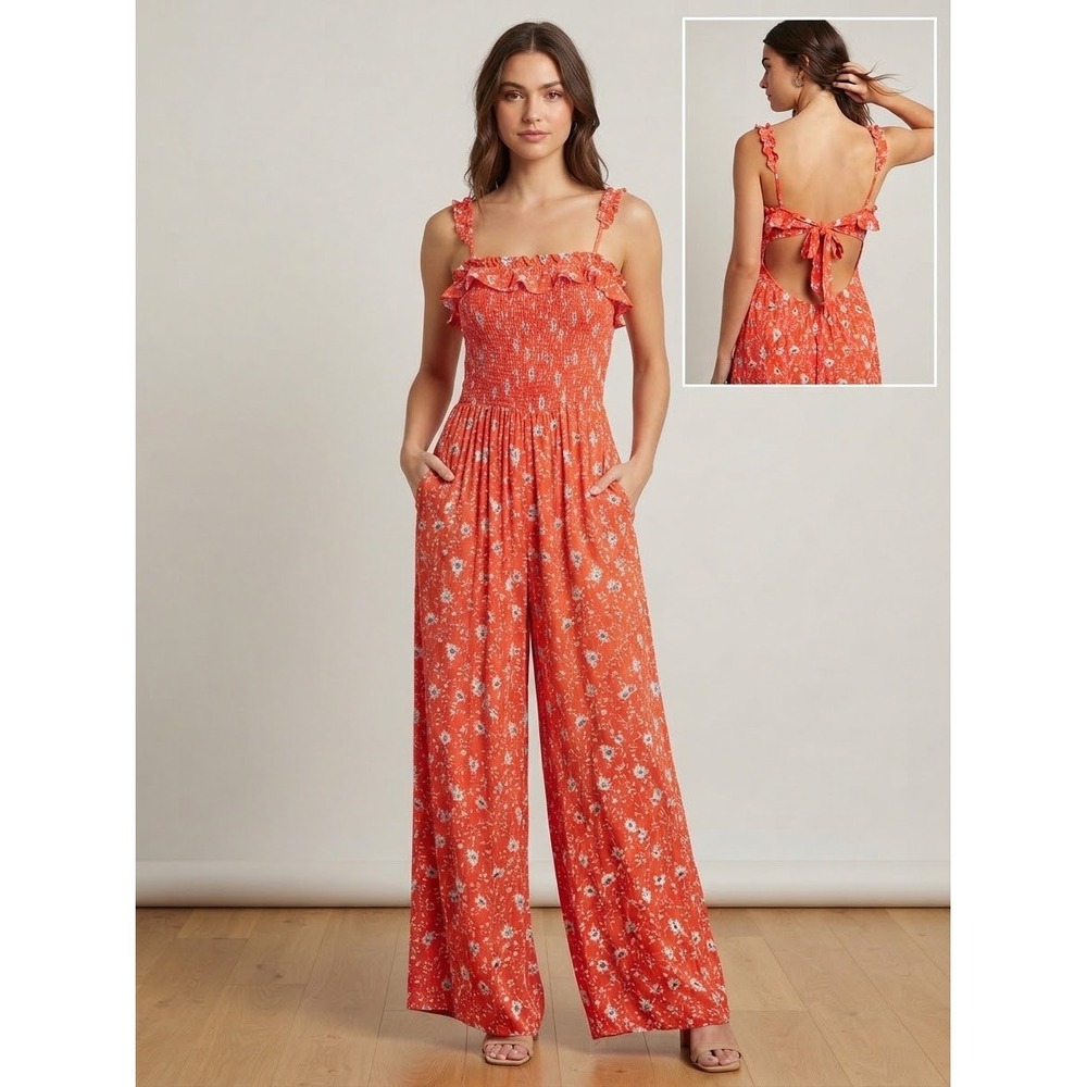 Dee Elly Red Floral Smocked Wide Leg Jumpsuit Tie Back Ruffle JDSW3787-LTX S